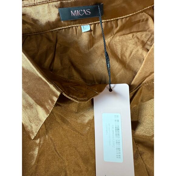 Micas Satin Button Up Long Sleeve Shirt And Pants Set Casual Elegant Coffee L - Picture 3 of 8